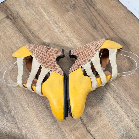 John Fluevog Pindown Farrah Wedge Heel Shoes Yellow Cream Buckle Statement 9 - Picture 4 of 12